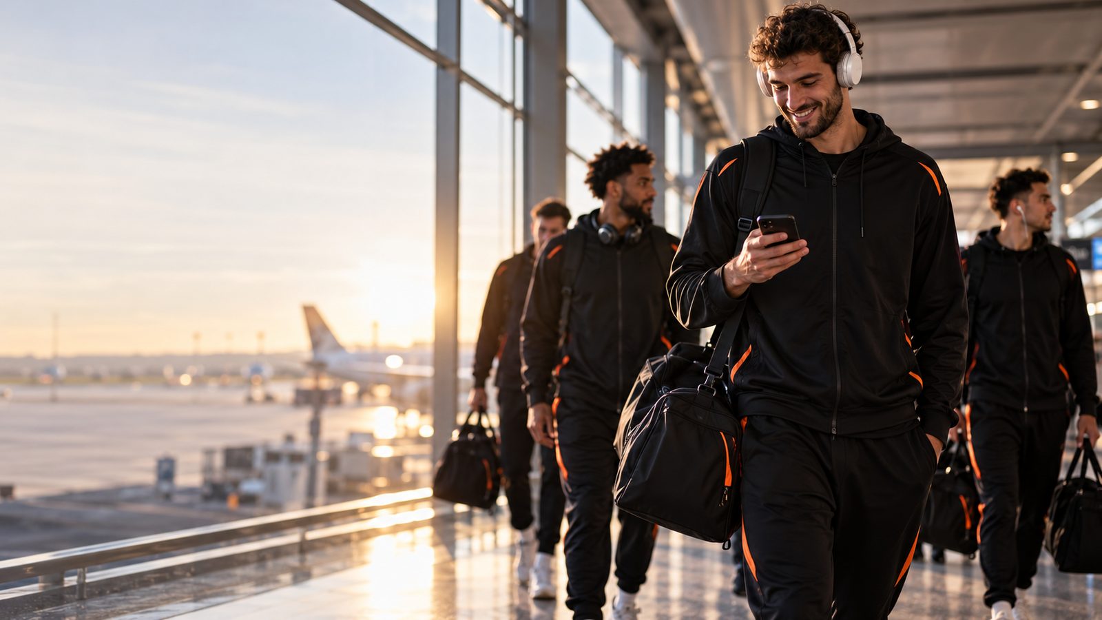 Basketball team at the airport, connected