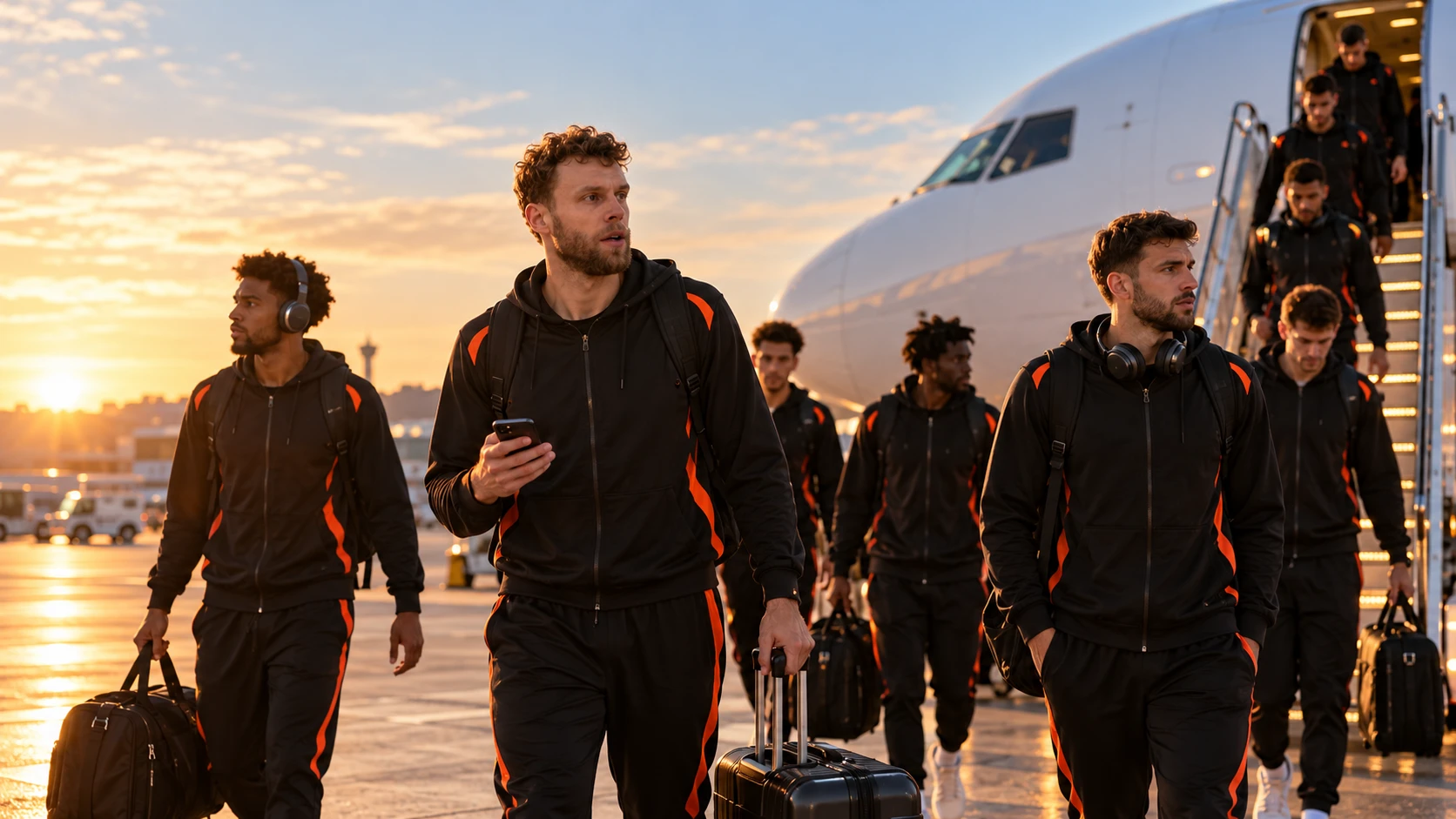 A basketball team walking off the plane onto the tarmac at sunset